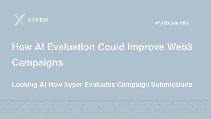 A promotional graphic for Xyper (@xypermarket) featuring the headline "How AI Evaluation Could Improve Web3 Campaigns" with the subtitle "Looking At How Xyper Evaluates Campaign Submissions," set against a light blue grid background, visually introducing the post's discussion about AI-driven review processes for Web3 marketing submissions.