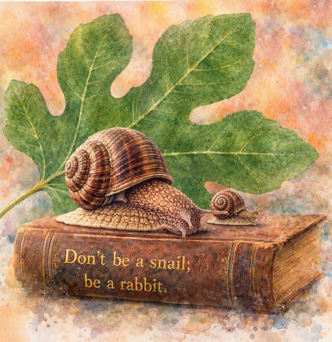 A watercolor illustration shows two snails atop an antique book bearing the inscription "Don't be a snail, be a rabbit," with a large oak leaf in the background. The whimsical artwork ties into the post's "Snail ine" pun, celebrating a sold NFT edition from the artist's collectible series.