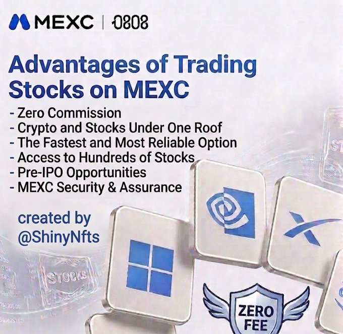 A promotional graphic for MEXC cryptocurrency exchange titled 'Advantages of Trading Stocks on MEXC,' listing benefits like Zero Commission, Crypto and Stocks Under One Roof, and Pre-IPO Opportunities, with logos for Microsoft, a 'Zero Fee' shield, and a 'Stocks' badge.