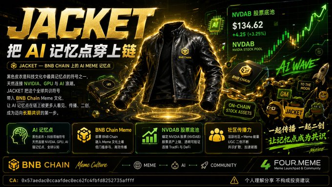 A promotional graphic for 'JACKET' on the BNB Chain, showing a black leather jacket as an 'AI 记忆点' (AI memory point) NFT, with details about the 'NVDAB' stock pool priced at $134.62 and various partnership icons.