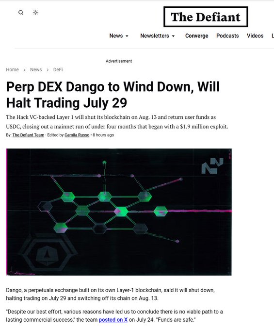 A screenshot from The Defiant with the headline 'Perp DEX Dango to Wind Down, Will Halt Trading July 29,' reporting that the Hack VC-backed Layer 1 will shut its blockchain on Aug. 13 and return user funds as USDC after a mainnet run that began with a $1.9 million exploit.