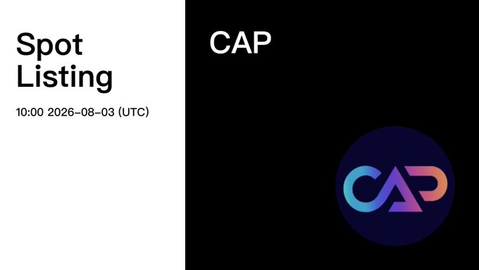 A split-screen graphic with "Spot Listing" and a timestamp "10:00 2026-08-03 (UTC)" on a white background on the left, and "CAP" with a colorful gradient logo on a black background on the right.