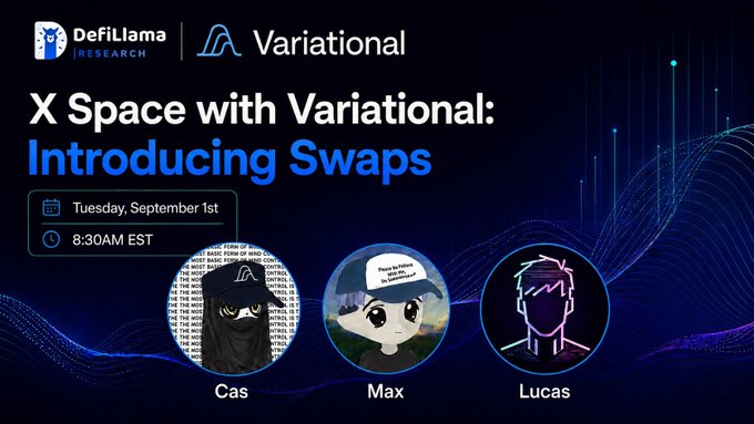 Promotional graphic for a Twitter/X Space hosted by DeFiLlama Research and Variational on Tuesday, September 1st at 8:30 AM EST titled "Introducing Swaps," featuring hosts Cas, Max, and Lucas, which aligns with the post announcing a live discussion about how swaps will roll out on the Variational platform.