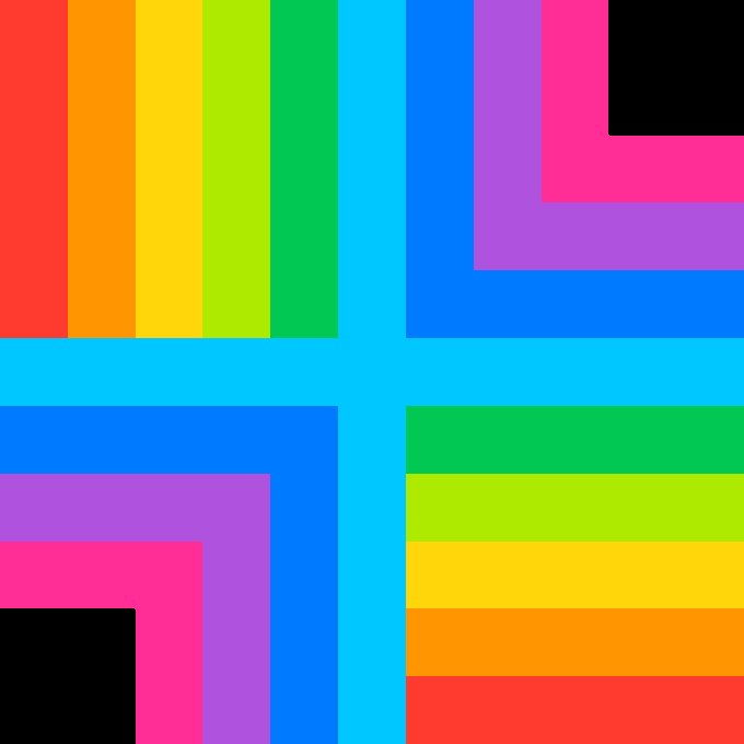 Digital geometric artwork displaying concentric squares in rainbow colors divided into four quadrants on a cyan background.