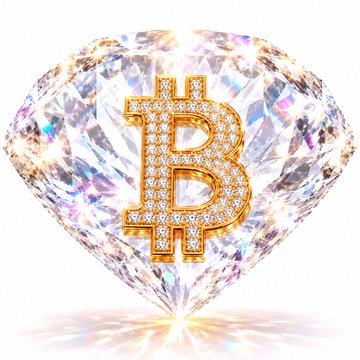 A sparkling heart-shaped diamond features a gold Bitcoin symbol in the center against a white background.