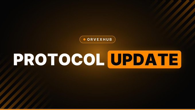 A dark-themed banner with diagonal orange accents displays the "ORVEXHUB" logo above large text reading "PROTOCOL UPDATE," with "UPDATE" highlighted in an orange box, visually announcing the platform's $ORVX distribution countdown event.