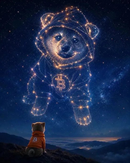 The image features a small dog wearing an orange hoodie with the letters "B" and "T" printed on it, sitting on top of a mountain or hilltop looking up at the night sky filled with stars. The starry background suggests that this scene is set in outer space, possibly as part of a painting or illustration related to Bitcoin or cryptocurrency.