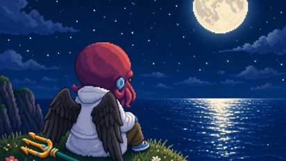 Pixel art of a red octopus-like character wearing a white hoodie and black wings, sitting on a grassy cliff at night looking out at a moonlit ocean.