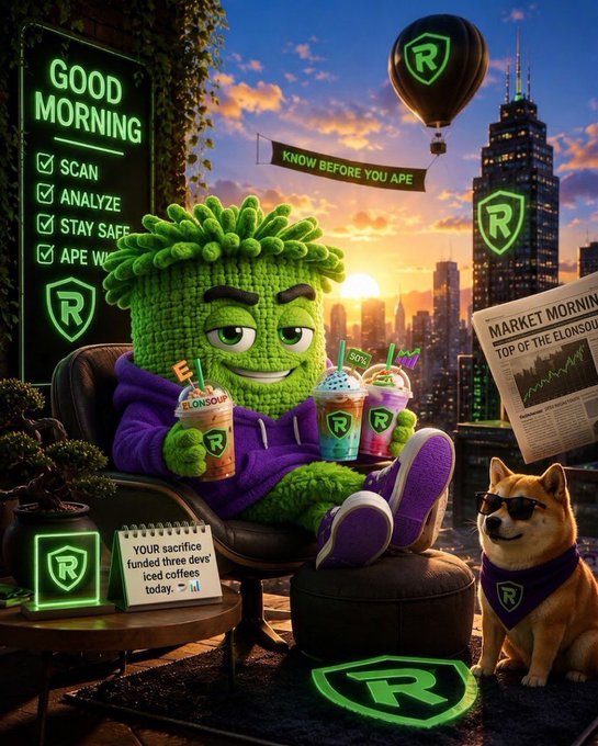 A colorful digital illustration of a green fuzzy character wearing a purple hoodie, drinking iced coffees with a Shiba Inu dog wearing sunglasses, set against a city sunset backdrop with "GOOD MORNING" text and "KNOW BEFORE YOU APE" signage.