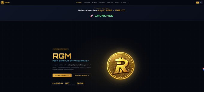 A website screenshot for 'RGM' (Post-Quantum Cryptocurrency) on a black background, featuring a golden coin with an 'R' and announcing a 'LAUNCHED' network on July 21, 2025.