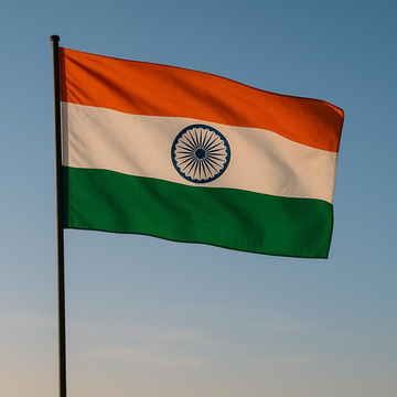 The Indian national flag, with its distinctive saffron, white, and green horizontal stripes and blue Ashoka Chakra wheel in the center, waves against a clear blue sky. The image visually represents India as the country prepares to issue its first tokenized corporate bonds in September using its central bank digital currency (CBDC) for instant settlement.