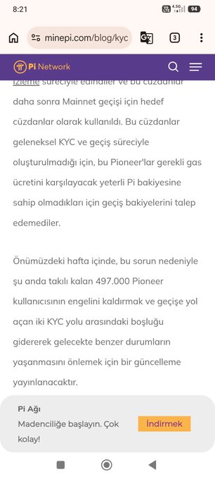 A mobile screenshot from minepi.com/blog/kyc displaying a Turkish-language announcement from Pi Network about KYC transition challenges, noting that 497,000 Pioneers are currently stuck awaiting verification and promising an update next week—directly corresponding to the post's mention of hundreds of thousands of stranded users and an upcoming solution.