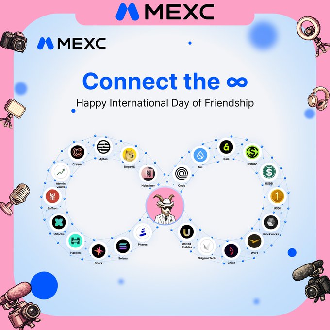 A promotional graphic for MEXC cryptocurrency exchange titled 'Connect the ∞ Happy International Day of Friendship', featuring an infinity-shaped network of various crypto token logos.