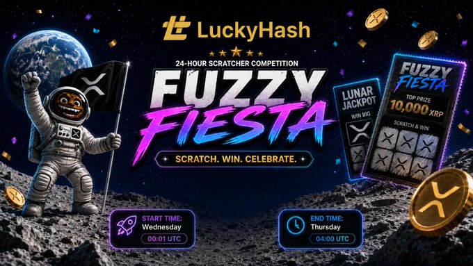 A promotional banner for LuckyHash's 'Fuzzy Fiesta' 24-hour scratcher competition, featuring an astronaut on a lunar surface with a prize pool of 10,000 XRP, running from Wednesday 00:01 UTC to Thursday 04:00 UTC.