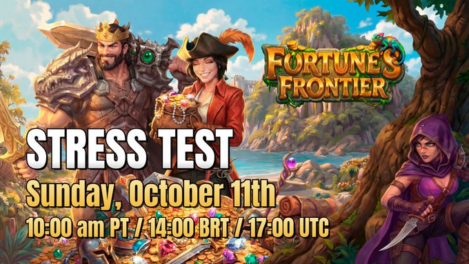 An advertisement for a "Fortune's Frontier" video game stress test features a king, a pirate, and a hooded rogue with treasure, announcing "Sunday, October 11th, 10:00 am PT / 14:00 BRT / 17:00 UTC."