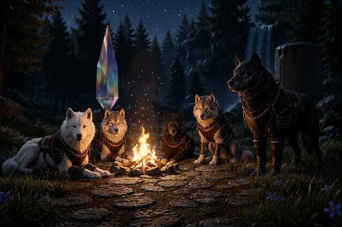 A fantasy scene shows five wolves wearing armor gathered around a campfire at night, with a glowing crystal floating above and a waterfall in the background.