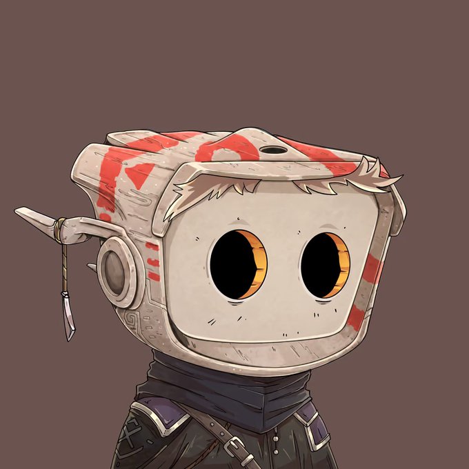 A digital illustration of a cartoonish robot character with a boxy white head featuring red markings, large round black eyes, and a small antenna.