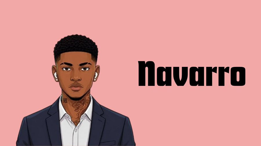 A cartoon-style avatar of a young Black man with short curly hair, AirPods, and visible neck tattoos, wearing a navy blazer over a white shirt, displayed against a pink background with the name "Navarro" in bold black text—aligning with the post's spotlight on crypto Twitter contributor @LT_Navarro.