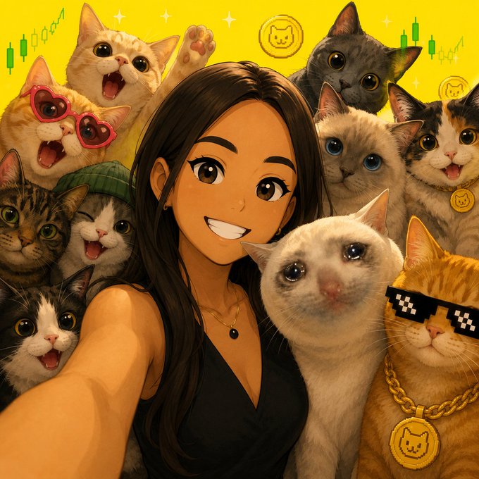 An illustrated selfie-style image of a smiling young woman surrounded by various expressive cats wearing accessories like heart-shaped sunglasses, pixelated sunglasses, and gold chains, set against a bright yellow background.