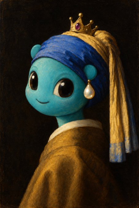 A parody artwork reimagining Vermeer's 'Girl with a Pearl Earring' featuring a blue cartoon creature wearing a gold crown, blue and yellow headwrap, and a pearl earring.