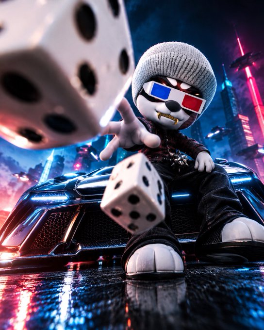 A 3D-rendered character wearing 3D glasses and a beanie sits on a futuristic car, tossing dice against a neon cyberpunk cityscape background.