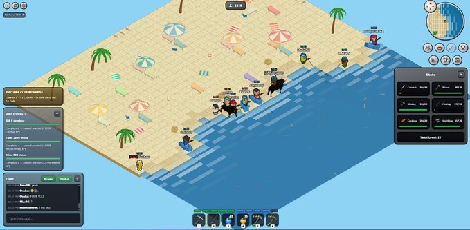 A screenshot of the "Kintara" Web3 game displays a sandy beach scene with various player characters, palm trees, and colorful umbrellas, while the right sidebar shows tabs for "Lender," "Breed," "Racing," "Fishing," "Lootbox," and a "Total Level: 17" indicator, alongside "Follow TTW" branding at the top. The image reflects the post's enthusiasm for an engaging Web3 game ($KINS) with an active community and developers, showcasing its colorful, multiplayer beach environment.