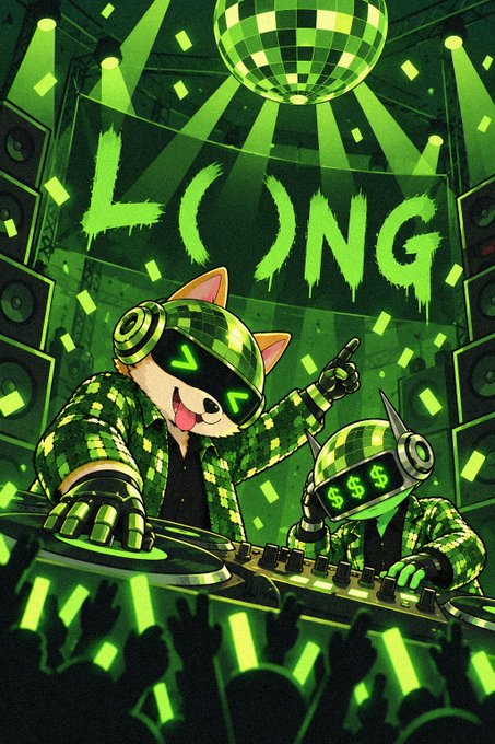 An illustration of a cat DJ wearing green checkered headphones and a jacket, performing under a 'LOONG' banner at a club with a disco ball.