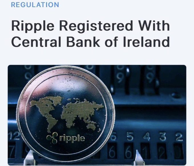 A news article headline reading "REGULATION: Ripple Registered With Central Bank of Ireland," featuring a close-up image of a physical Ripple (XRP) coin displaying its world map logo, resting on a mechanical counter.