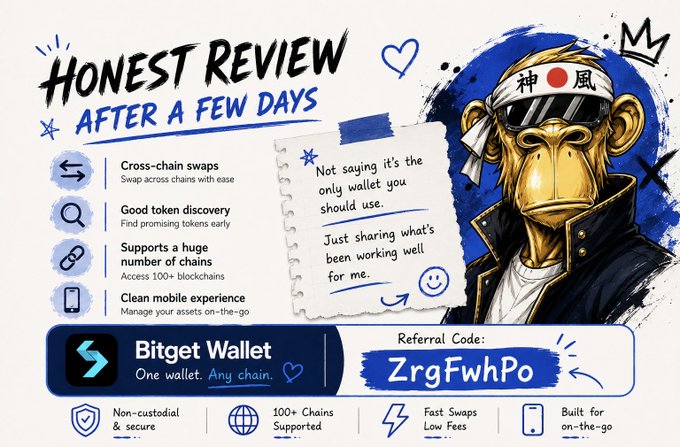 This image is a review of Bitget Wallet, highlighting its features like cross-chain swaps, token discovery, and support for 100+ chains, with a referral code ZrgFwhPo. The illustration of an ape in sunglasses holding a notepad and pen visually complements the "honest review" theme and the wallet's user-friendly mobile experience.