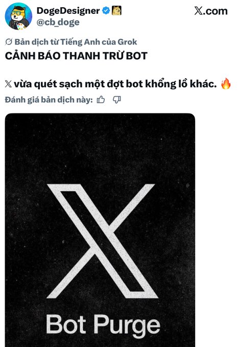 A translated X post from 'DogeDesigner (@cb.doge)' reads 'CẢNH BÁO THANH TRỪ BOT' with text 'X vừa quét sạch một đợt bot khổng lồ khác' above an image showing the X logo and 'Bot Purge'.