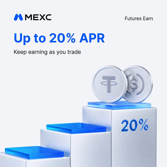 A promotional graphic for MEXC Futures Earn featuring the headline "Up to 20% APR" alongside the tagline "Keep earning as you trade," visually reinforced by a staircase of white pedestals topped with USDT and USDC coins and a "20%" label. The image aligns with the accompanying post by highlighting the platform's key selling points of earning up to 20% APR while trading seamlessly and receiving daily earnings.
