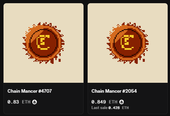 Two NFT listings for 'Chain Mancer' (#4707 and #2054) showing pixelated coin icons with a 'C' on them, priced at 0.83 ETH and 0.849 ETH respectively.