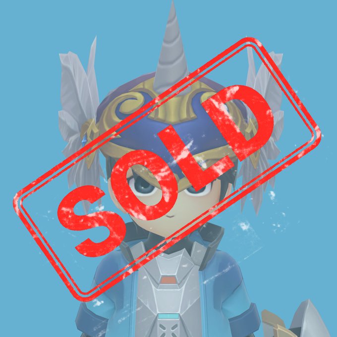 A cartoon character in blue and silver armor with a unicorn-like horn helmet, overlaid with a large red 'SOLD' stamp on a light blue background.