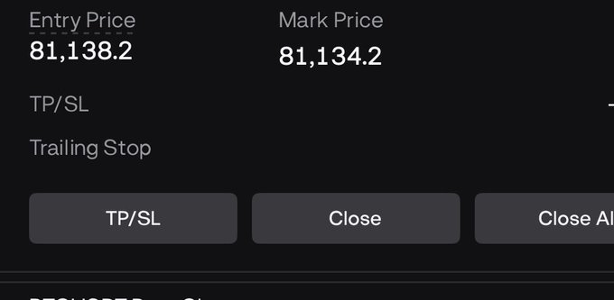 A trading interface shows an open BTC long position with an Entry Price of 81,138.2 and Mark Price of 81,134.2, displaying TP/SL and trailing stop options. This corresponds to the post announcing a swing long on Bitcoin with stops at 78k and take profits between 88-91k, with plans to DCA if price drops to the 80.3-79.6k range.