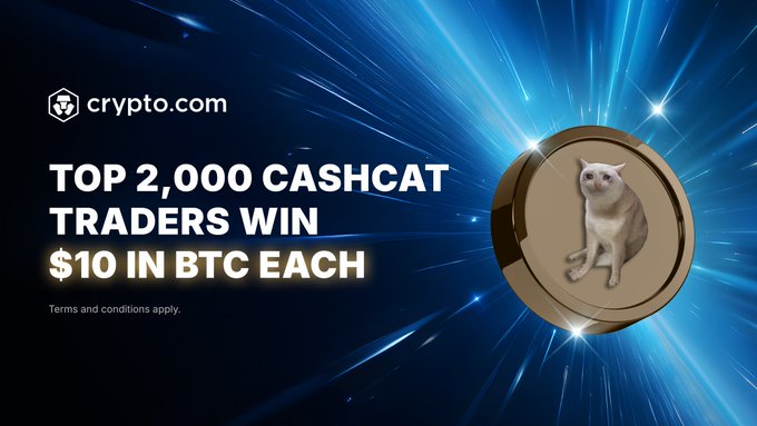 The image is a promotional banner from crypto.com featuring a gold coin with a white cat on it, announcing that the top 2,000 CASHCAT traders will win $10 in BTC each, tying directly to the post's call-to-action encouraging users to trade $50 in $CASHCAT for a chance to win BTC before the promotion ends.