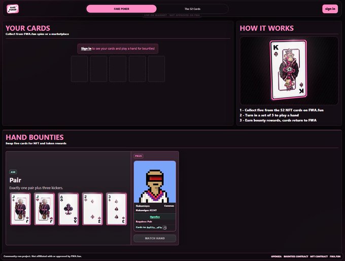 A webpage interface for FWA Poker showing 'YOUR CARDS' section and a 'HAND BOUNTIES' area explaining poker hand types like a 'Pair' (exactly one pair plus three kickers), with a pixel art character prize displayed.