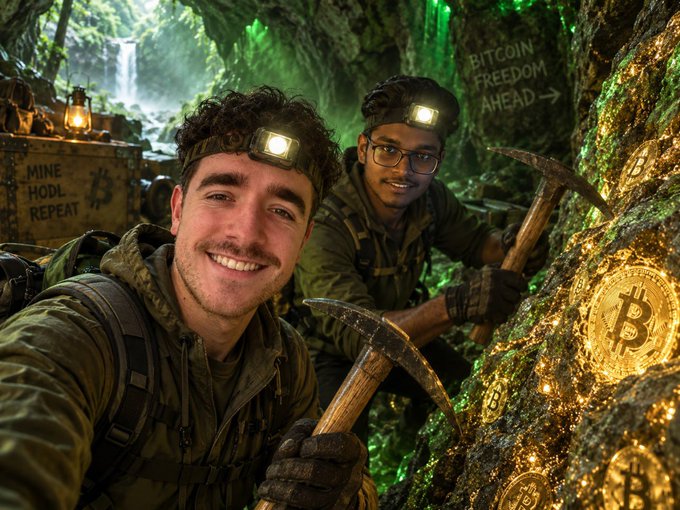 A generated image of two smiling men wearing headlamps and outdoor gear in a cave, holding pickaxes near a wall embedded with gold Bitcoin symbols and text reading 'BITCOIN FREEDOM AHEAD' and 'MINE HODL REPEAT'.