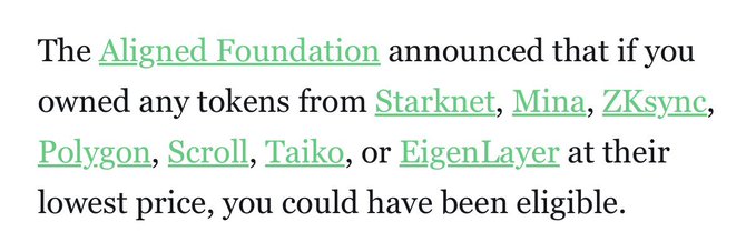 The image displays text announcing an airdrop from Aligned Foundation, noting eligibility for those who held tokens from Starknet, Mina, ZKsync, Polygon, Scroll, Taiko, or EigenLayer at their lowest price, supporting the post's claim about AlignedLayer airdrop eligibility for bottom holders of L2 tokens like Starknet or Scroll.