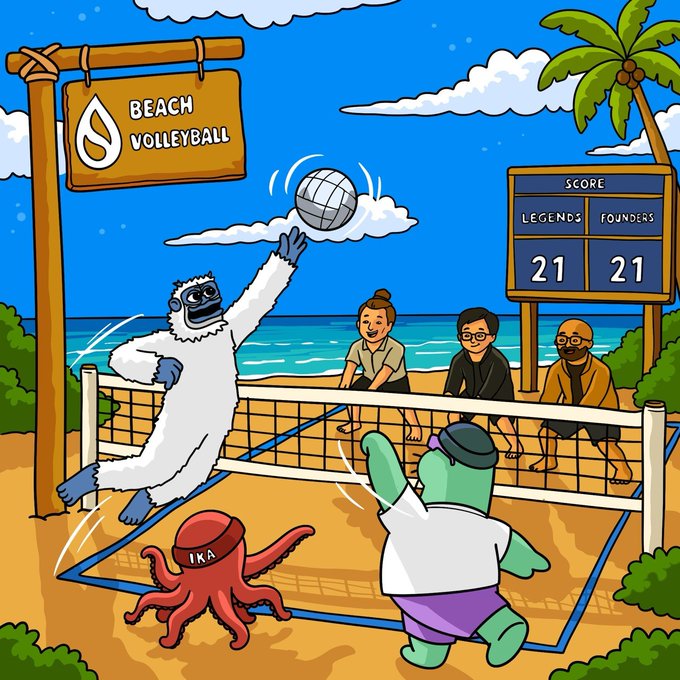 A cartoon beach volleyball match shows a yeti spiking a ball over the net against a green turtle, while an octopus wearing an "IKA" headband watches from the sideline, with the scoreboard displaying "LEGENDS 21" tied against "FOUNDERS 21" in this gLofi post about game point for the Legends featuring @ikadotxyz and @WalrusProtocol.