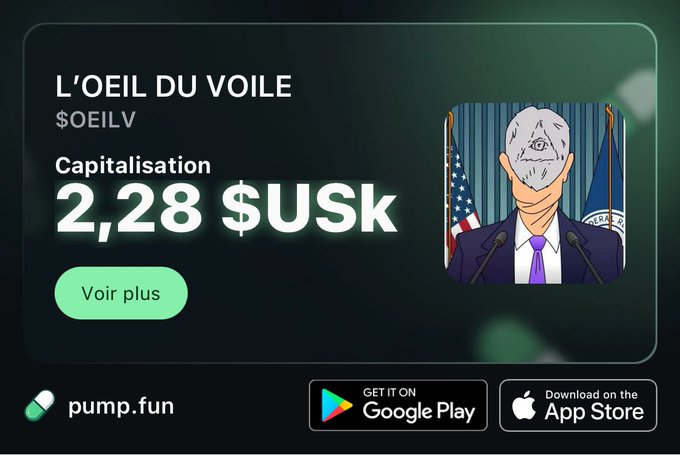 Promotional banner for the meme token L'OEIL DU VOILE ($OEILV) on pump.fun, showing a market capitalization of 2.28 $USK with a 'Voir plus' button.