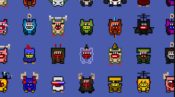 A pixel art illustration displaying a grid of colorful cartoonish monster characters with horns, antennae, and varied designs on a blue background.