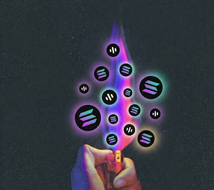 A hand holding a lighter emits a purple and blue flame, with glowing Solana (SOL) logos rising from the fire against a dark background.