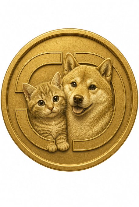 A gold commemorative coin featuring an engraved tabby kitten and Shiba Inu dog together, symbolizing the CATE + DOGE meme coin pairing ahead of its DEX launch at 15K.
