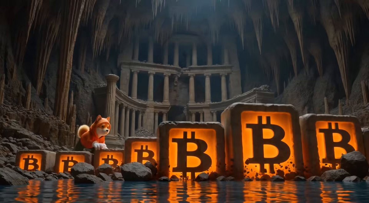 The image features a cartoon dog standing next to a series of blocks with the letters "B" and "BT" written on them, which are lit up like Bitcoin blocks. The background shows an illustration of a cave or underground setting, adding to the overall theme of digital currency. The caption provided in the image reads: "Day 266 @ coinbase $DOG built on ₿itcoin."