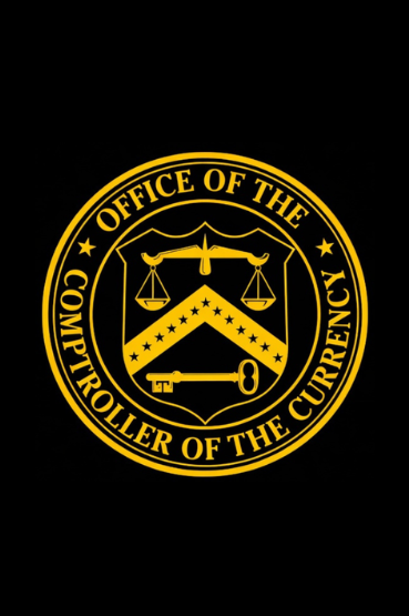 A circular gold seal of the "Office of the Comptroller of the Currency" featuring scales of justice, stars, and a key against a black background, symbolizing regulatory authority. The image ties to the post about U.S. banking regulators, like the OCC, establishing clearer rules for crypto account closures—moving from vague "reputation risk" reasoning to formally defined justifications.