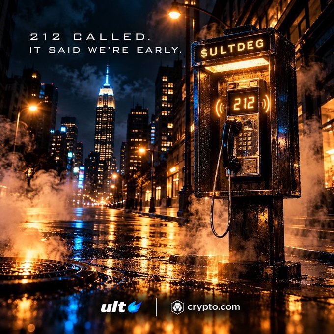 A moody urban scene features a payphone displaying '212' with text reading '212 CALLED. IT SAID WE'RE EARLY.' alongside 'ult' and 'crypto.com' logos.