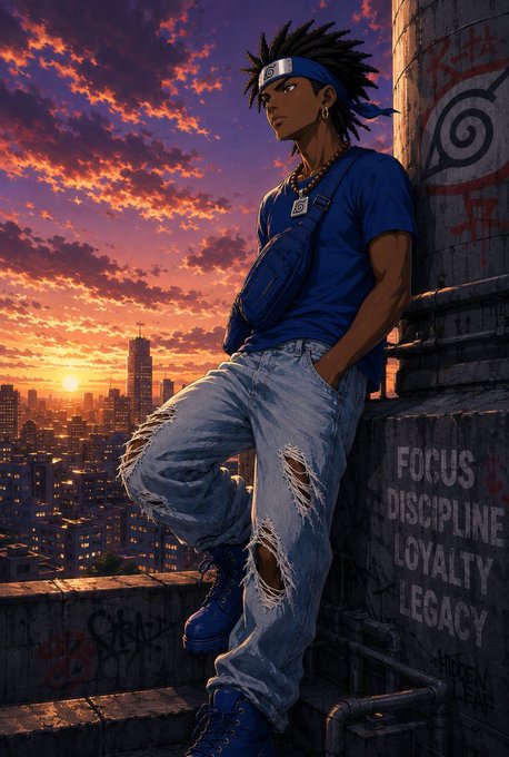 An anime-style illustration of a young man with dreadlocks wearing a blue shirt and ripped jeans, leaning against a wall at sunset with a city skyline in the background; the wall bears the text 'FOCUS DISCIPLINE LOYALTY LEGACY.'