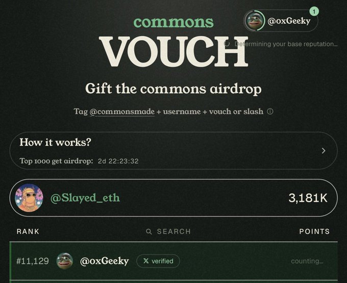 A screenshot of the "commons VOUCH" airdrop platform shows user @oxGeeky at rank #11,129 asking for community vouches, with @Slayed_eth currently leading at 3,181K points while @oxGeeky's points are "counting..." in line with the request for others to vouch and boost their reputation.