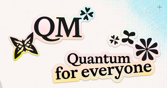 A logo and graphic reading 'QM Quantum for everyone' in black text with decorative floral elements on a soft pastel gradient background.