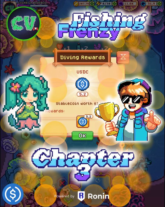 The image features a poster for a fishing game called "Fishing Frenzy" with two characters, a girl and a boy, who are shown diving into the ocean. The poster includes text that says "Golden Bubbles in @FishingFrenzyCo Did you know you can now Dive with $USDC right? Each dive costs 1 $USDC and the Jackpot is almost 1,500 $USDC It'S worth a try #FISH". This suggests that the game offers a unique opportunity to explore the underwater world while also providing players with real-life currency in exchange for their dives.
